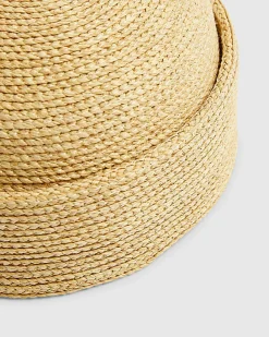 Beige Raffia Turn Back Pillbox Hat