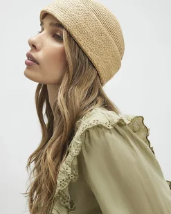 Beige Raffia Turn Back Pillbox Hat