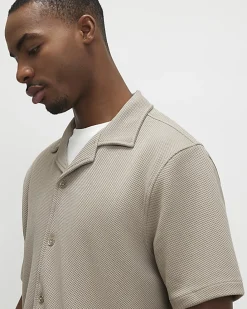 Beige Regular Fit Revere Short Sleeve Shirt