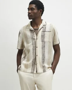 Beige Regular Fit Stripe Crochet Shirt