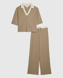 Beige Ribbed Polo Loungewear Set