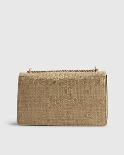 Beige RR Paneled Raffia Shoulder Bag