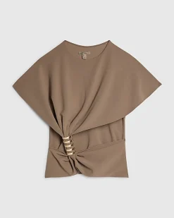 Beige Ruched Front Spiral Trim Top