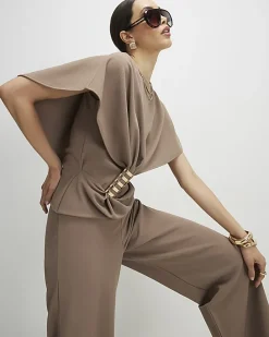 Beige Ruched Front Spiral Trim Top