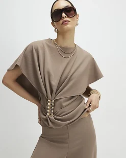 Beige Ruched Front Spiral Trim Top