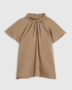 Beige Satin Angel Sleeve Twist Front Top