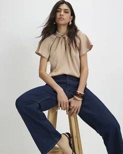 Beige Satin Angel Sleeve Twist Front Top