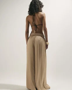 Beige Satin Elasticated Wide Leg Trousers
