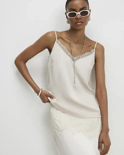 Beige Satin Lace Trim Cami Top