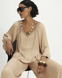 Beige Satin Notch Neck Blouse