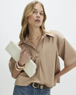Beige Satin Polo Top