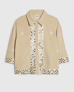 Beige Sequin Embellished Beach Shirt