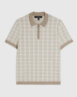 Beige Short Sleeve Checked Knit Polo Shirt