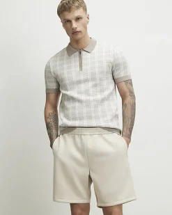 Beige Short Sleeve Checked Knit Polo Shirt