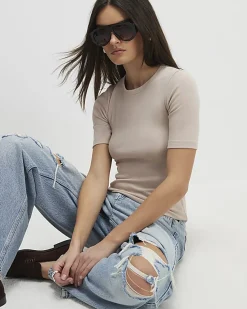 Beige Short Sleeve Cotton Fitted Top
