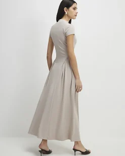 Beige Short Sleeve Fitted Waist Maxi Dress