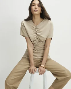 Beige Short Sleeve Ruched Front Top