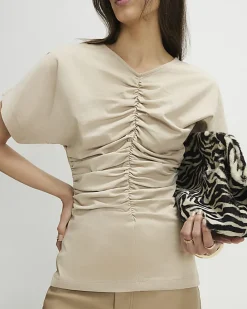 Beige Short Sleeve Ruched Front Top