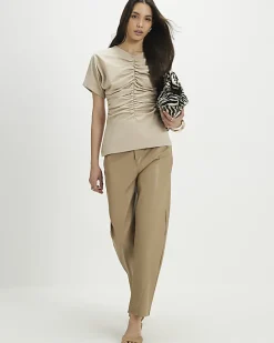 Beige Short Sleeve Ruched Front Top