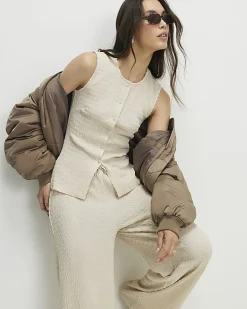 Beige Sleeveless Textured Button Through Top