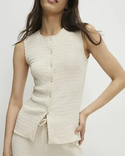 Beige Sleeveless Textured Button Through Top