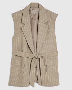 Beige Sleeveless Tie Waist Longline Waistcoat
