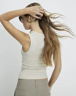 Beige Sleeveless Wide Ribbed Tank Top