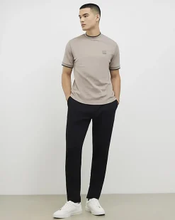 Beige Slim Fit Interlock Crew Neck T-Shirt