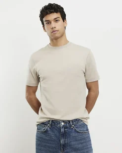 Beige Slim Fit Interlock Crew Neck T-Shirt