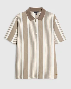 Beige Slim Fit Stripe Lightweight Polo Shirt