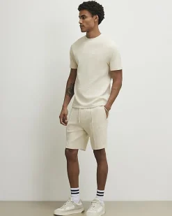 Beige Slim Fit Textured T-Shirt & Shorts Set