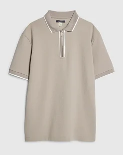 Beige Slim Fit Textured Zip Tip Polo Shirt