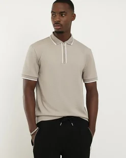 Beige Slim Fit Textured Zip Tip Polo Shirt