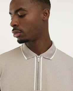 Beige Slim Fit Textured Zip Tip Polo Shirt
