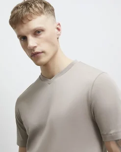 Beige Slim Fit V Neck T-Shirt