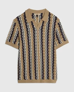Beige Slim Fit Wavy Stripe Polo Shirt