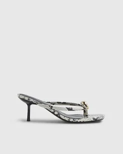 Beige Snake Print Toe Thong Heeled Sandals