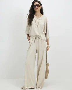Beige Soft Touch Wide Leg Trousers