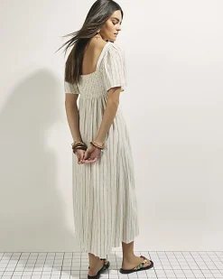 Beige Stripe Linen Blend Shirred Midi Dress
