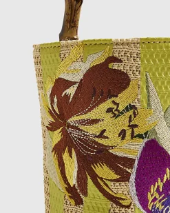 Beige Striped Embroidered Bucket Bag