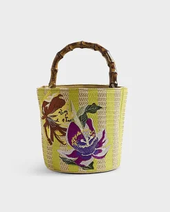 Beige Striped Embroidered Bucket Bag