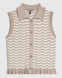 Beige Striped Knit Collared Tank Top