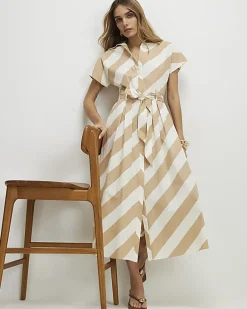 Beige Striped Midi Shirt Dress