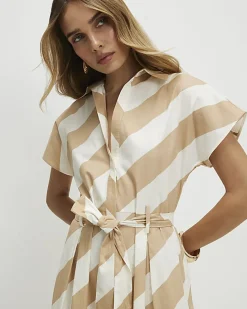Beige Striped Midi Shirt Dress