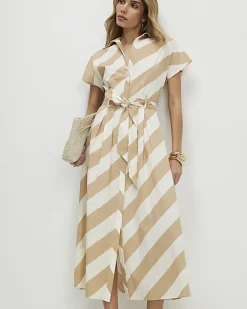Beige Striped Midi Shirt Dress