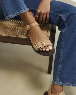 Beige Suede Buckle Detail Flat Sandals