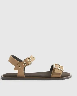 Beige Suede Buckle Detail Flat Sandals