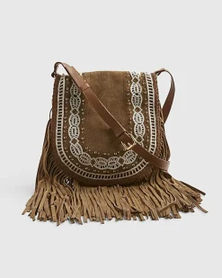 Beige Suede Embroidered Fringe Crossbody Bag