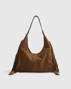 Beige Suede Fringed Slouch Shoulder Bag