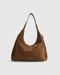 Beige Suede Fringed Slouch Shoulder Bag